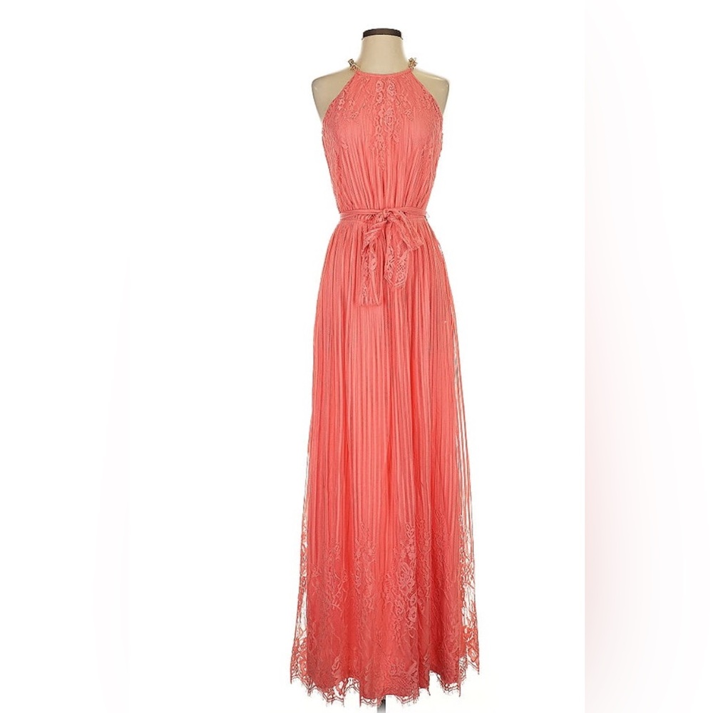 Guess Pink Maxi Sundress with Ruched Tie Front and Halter Neckline